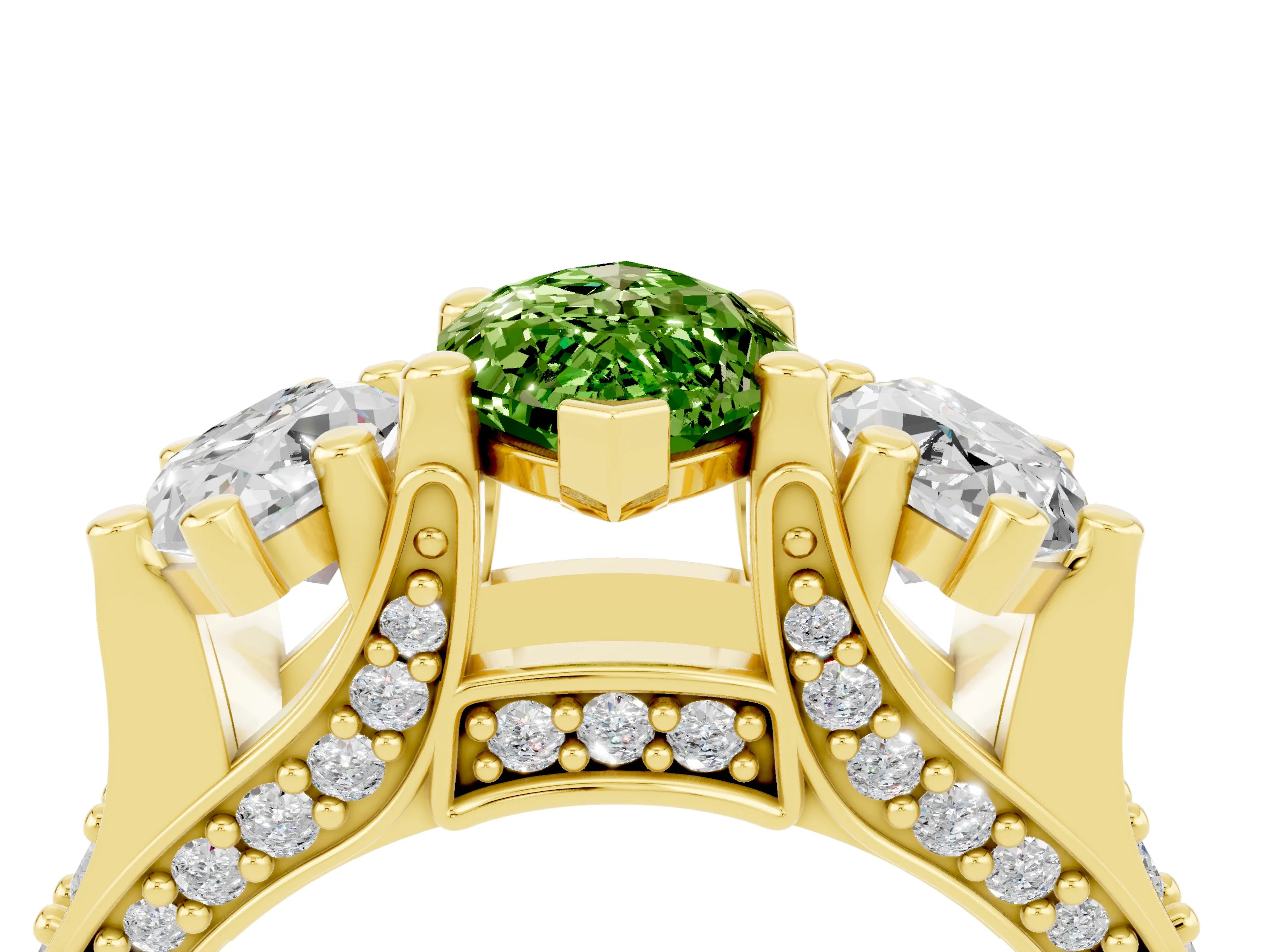 Yellow gold Marquise Cut Peridot Three-Stone Ring with Channel Set Band and Four-Prong Setting_4