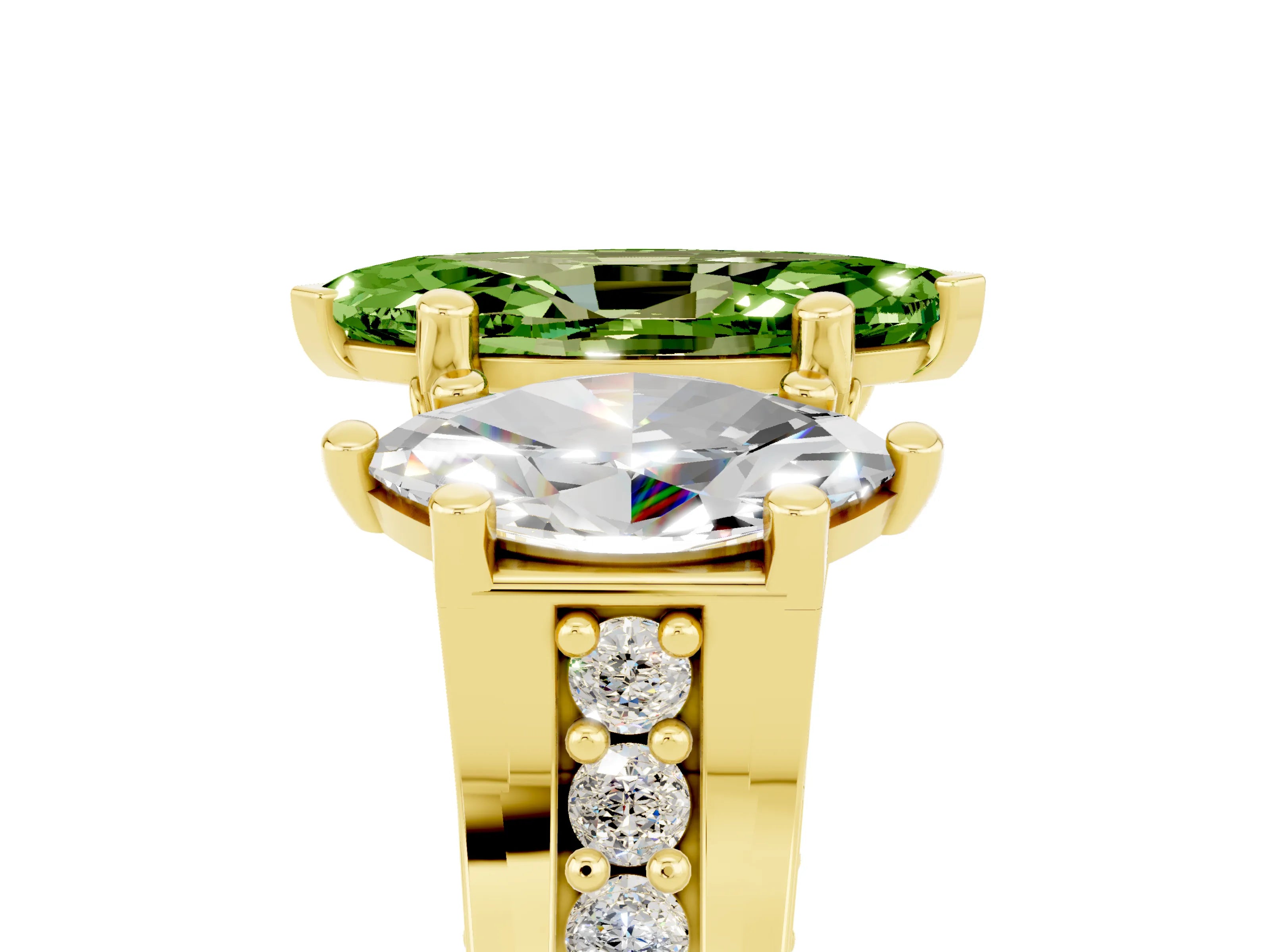Yellow gold Marquise Cut Peridot Three-Stone Ring with Channel Set Band and Four-Prong Setting_5