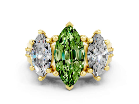 Yellow gold Marquise Cut Peridot Three-Stone Ring with Channel Set Band and Four-Prong Setting