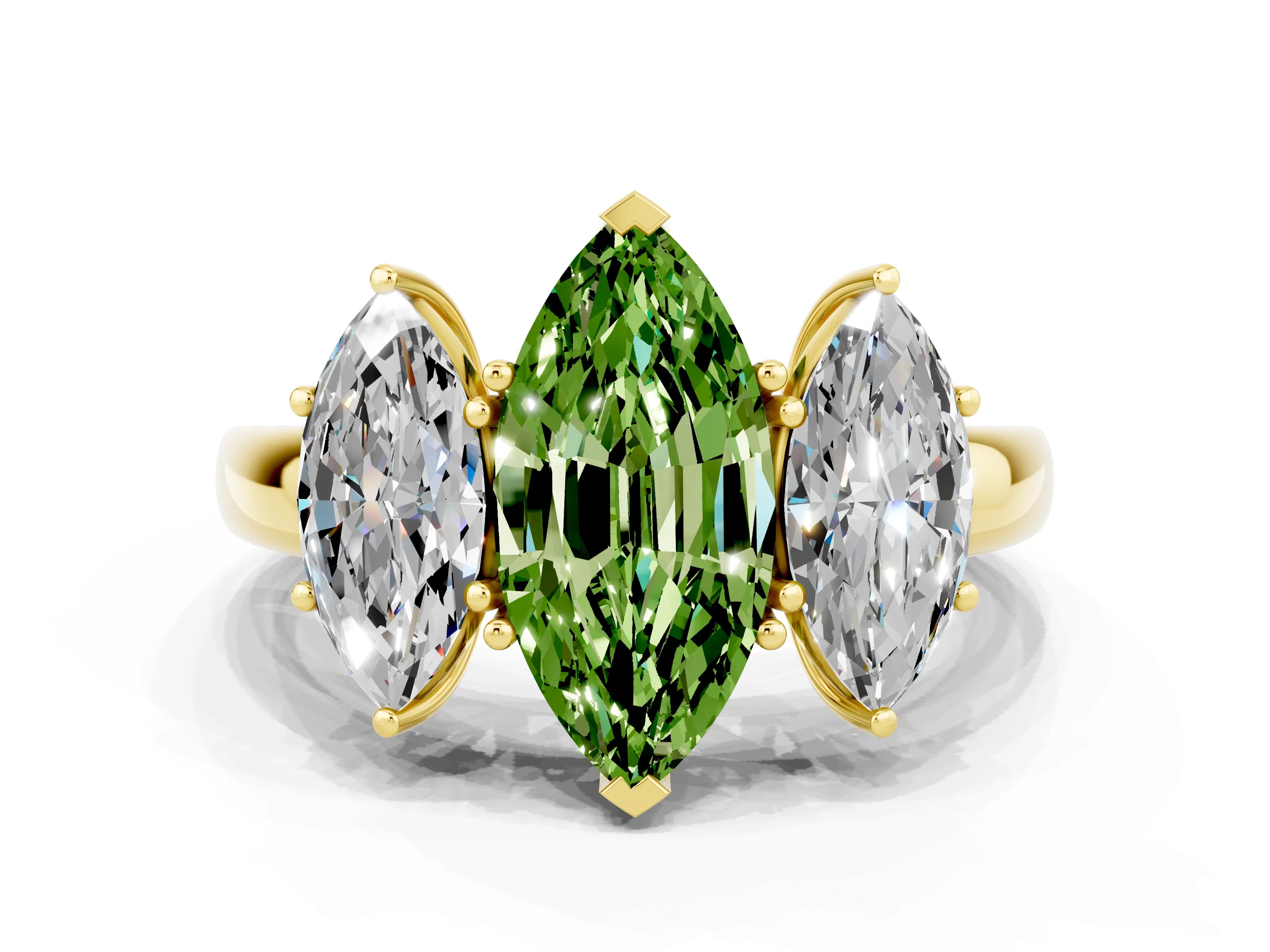 Yellow gold Marquise Cut Peridot Three-Stone Ring with Four-Prong Setting and Classic Band