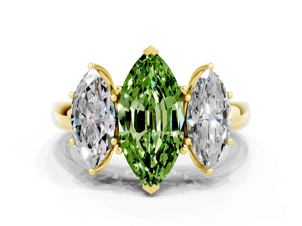 Yellow gold Marquise Cut Peridot Three-Stone Ring with Four-Prong Setting and Classic Band