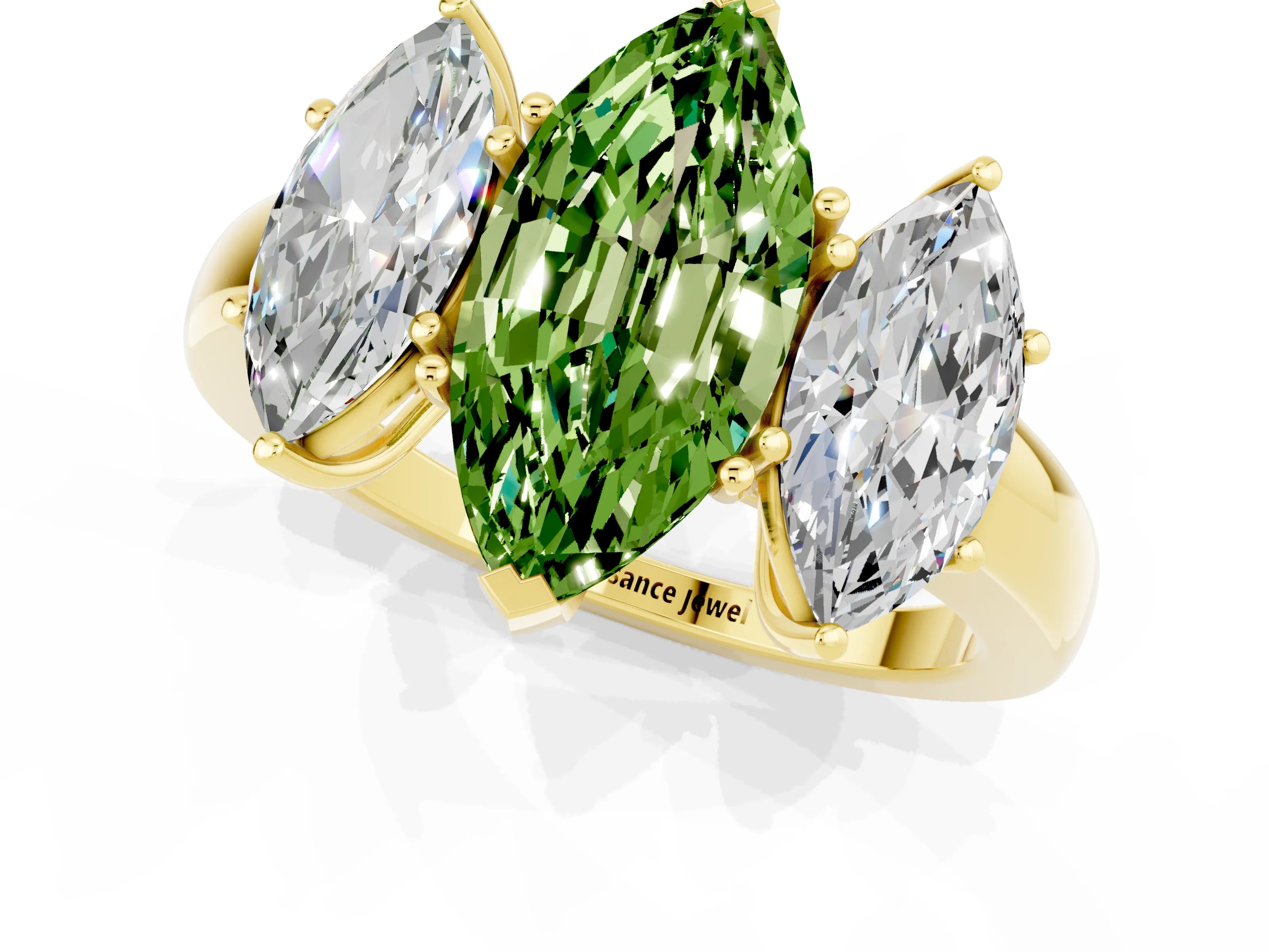 Yellow gold Marquise Cut Peridot Three-Stone Ring with Four-Prong Setting and Classic Band_1