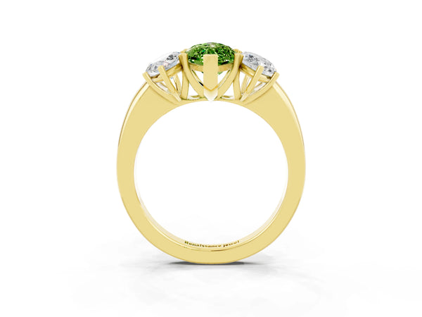 Yellow gold Marquise Cut Peridot Three-Stone Ring with Four-Prong Setting and Classic Band