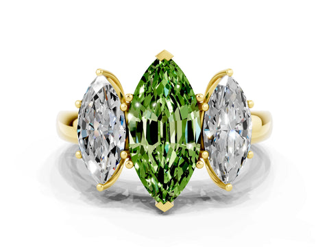 Yellow gold Marquise Cut Peridot Three-Stone Ring with Four-Prong Setting and Classic Band