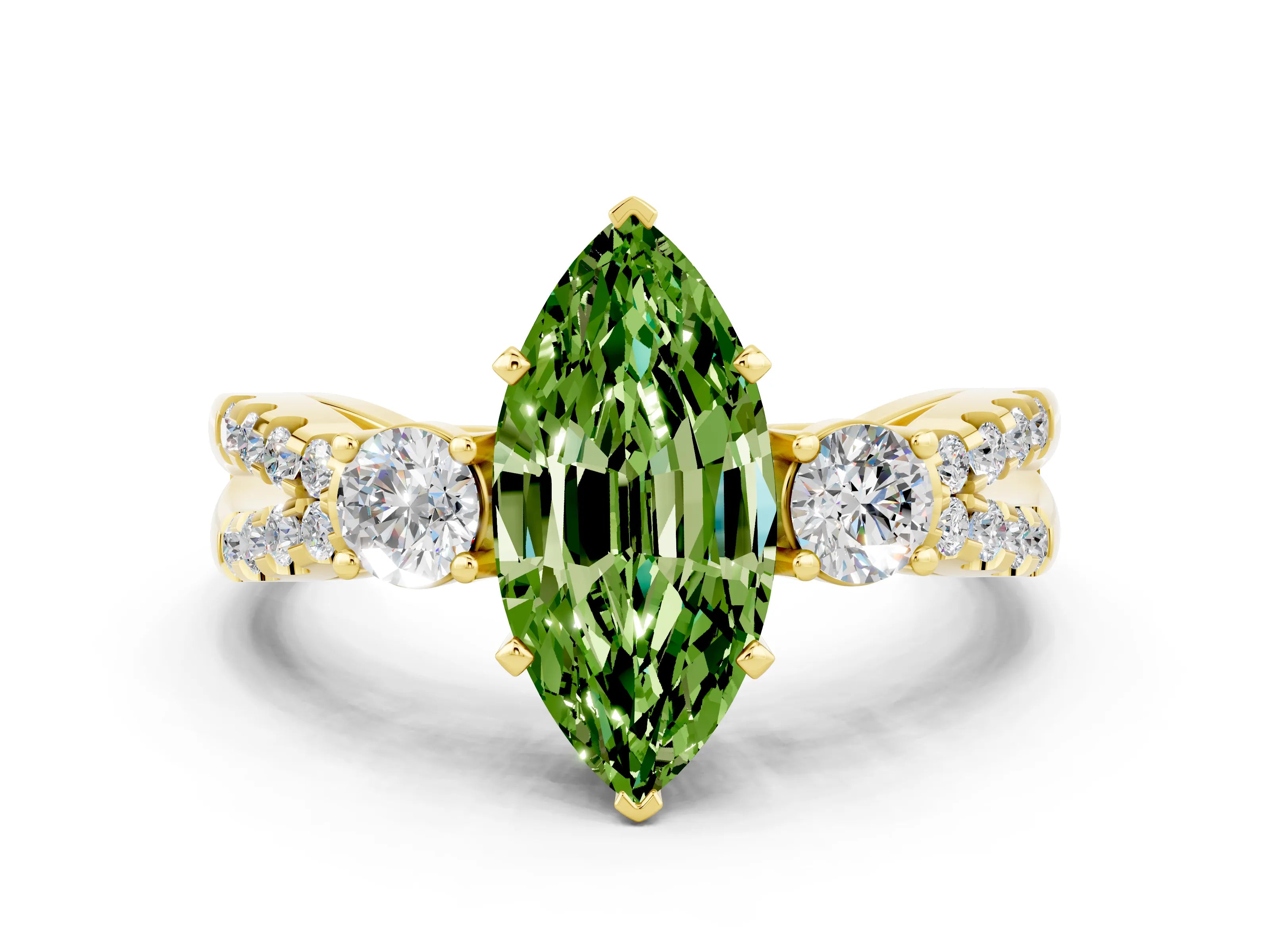 Yellow gold Marquise Cut Peridot Three-Stone Ring with Pavé Split Shank and Four-Prong Setting_12