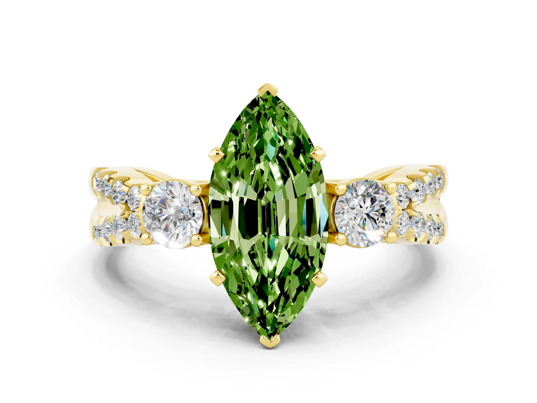 Yellow gold Marquise Cut Peridot Three-Stone Ring with Pavé Split Shank and Four-Prong Setting_12
