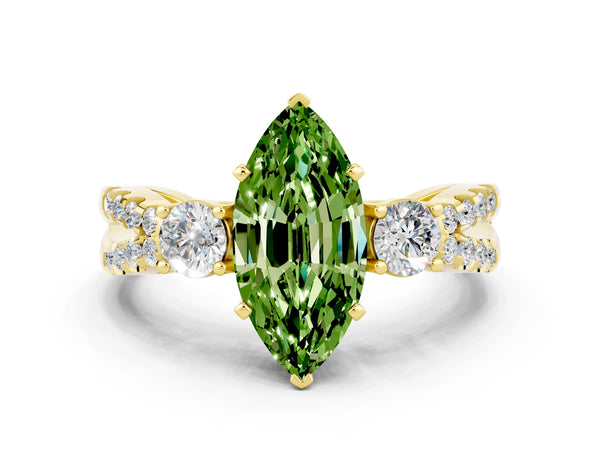 Yellow gold Marquise Cut Peridot Three-Stone Ring with Pavé Split Shank and Four-Prong Setting