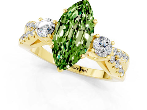 Yellow gold Marquise Cut Peridot Three-Stone Ring with Pavé Split Shank and Four-Prong Setting_13