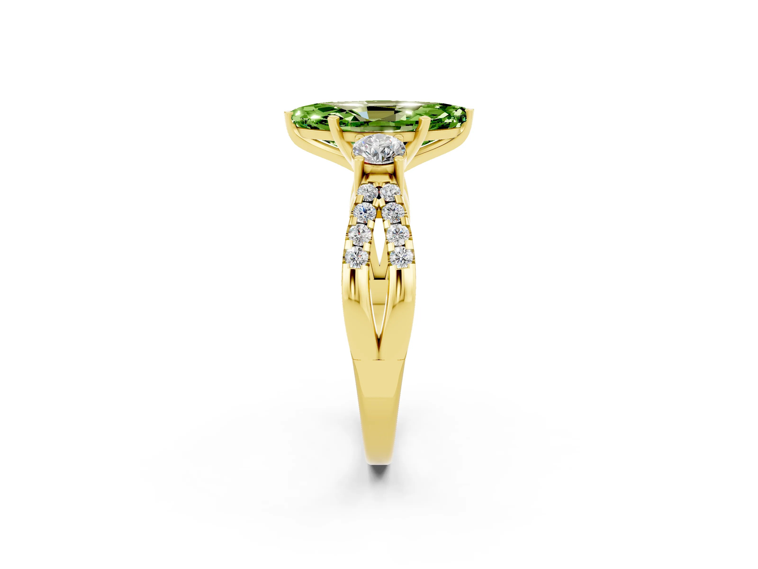 Yellow gold Marquise Cut Peridot Three-Stone Ring with Pavé Split Shank and Four-Prong Setting_14