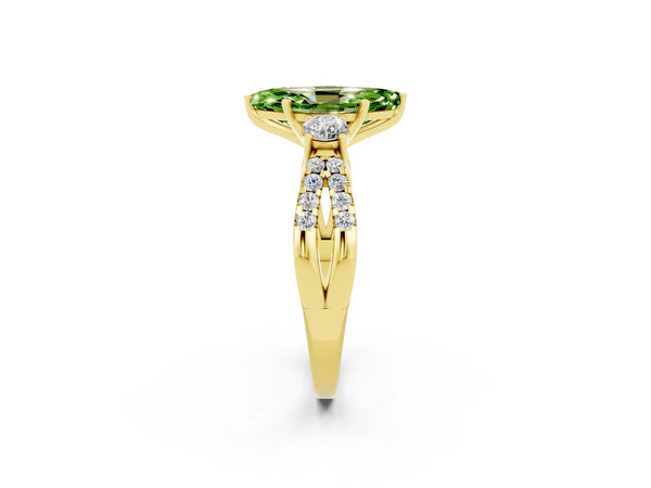 Yellow gold Marquise Cut Peridot Three-Stone Ring with Pavé Split Shank and Four-Prong Setting