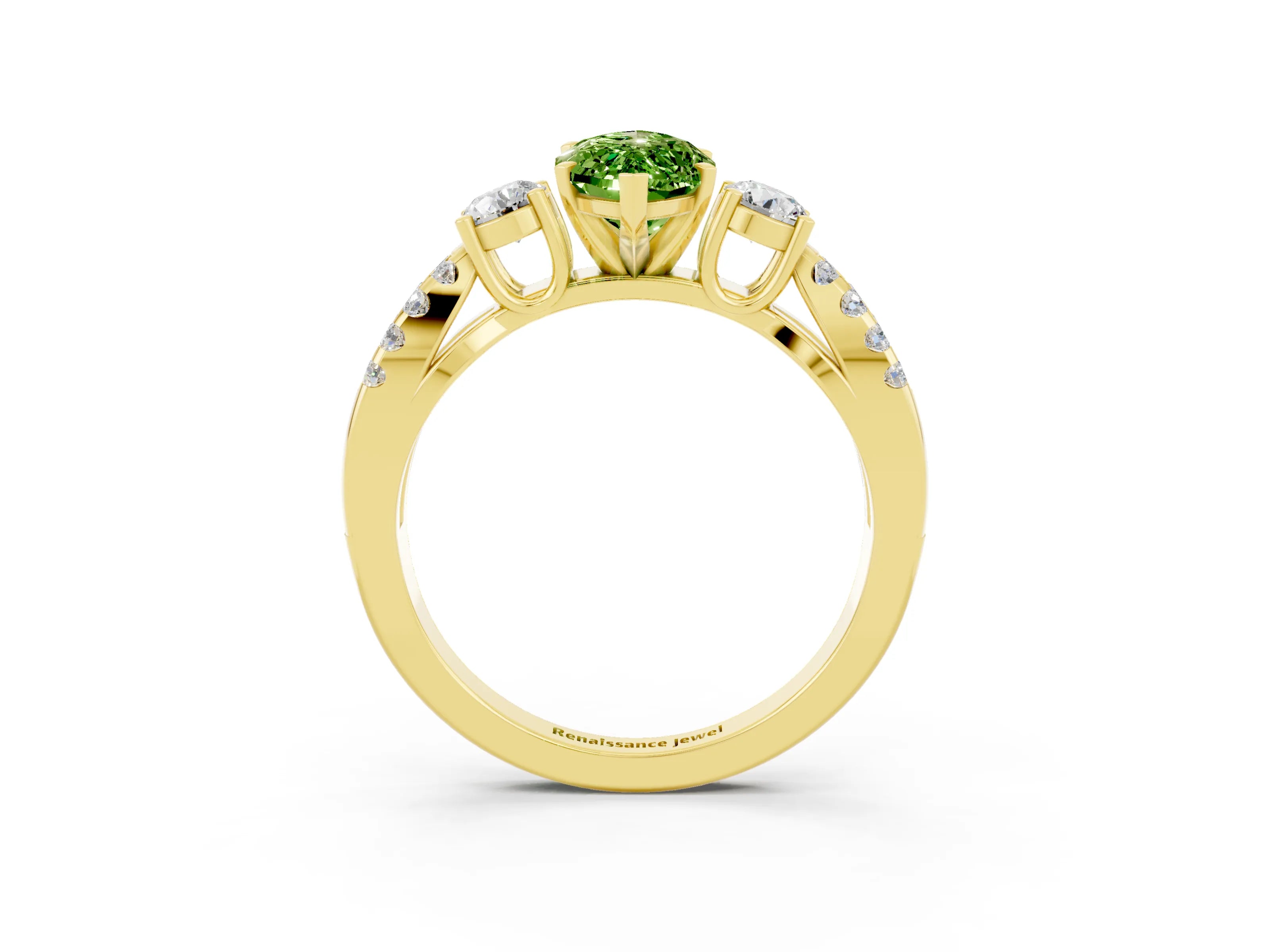 Yellow gold Marquise Cut Peridot Three-Stone Ring with Pavé Split Shank and Four-Prong Setting_15