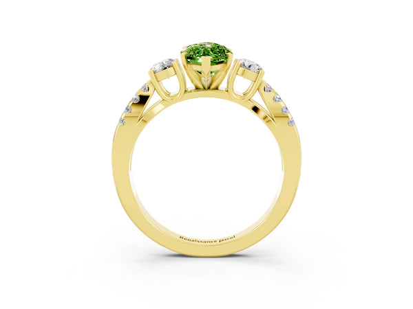 Yellow gold Marquise Cut Peridot Three-Stone Ring with Pavé Split Shank and Four-Prong Setting