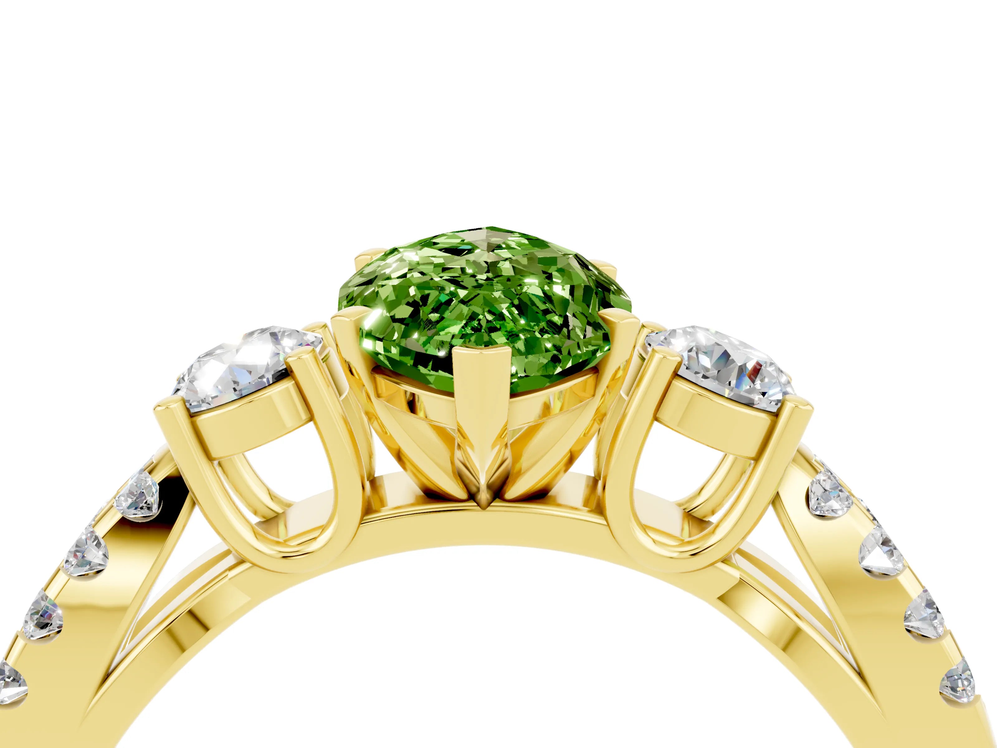Yellow gold Marquise Cut Peridot Three-Stone Ring with Pavé Split Shank and Four-Prong Setting_16