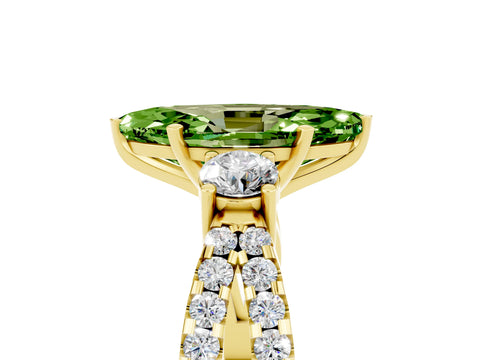 Yellow gold Marquise Cut Peridot Three-Stone Ring with Pavé Split Shank and Four-Prong Setting_17