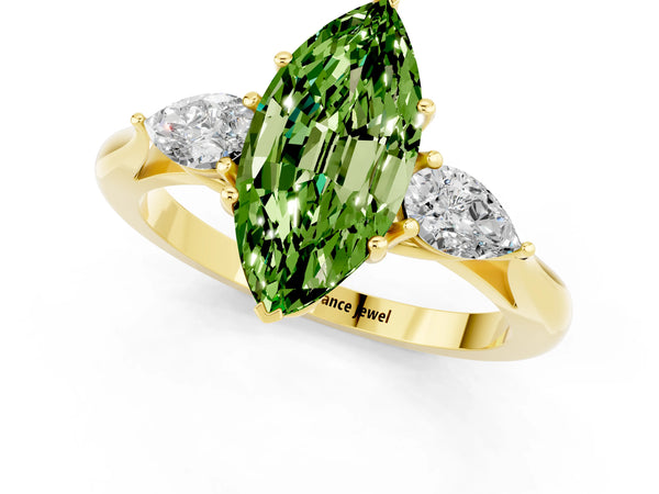 Yellow gold Marquise Cut Peridot Three-Stone Ring with Pear  Side Stones and Prong Setting