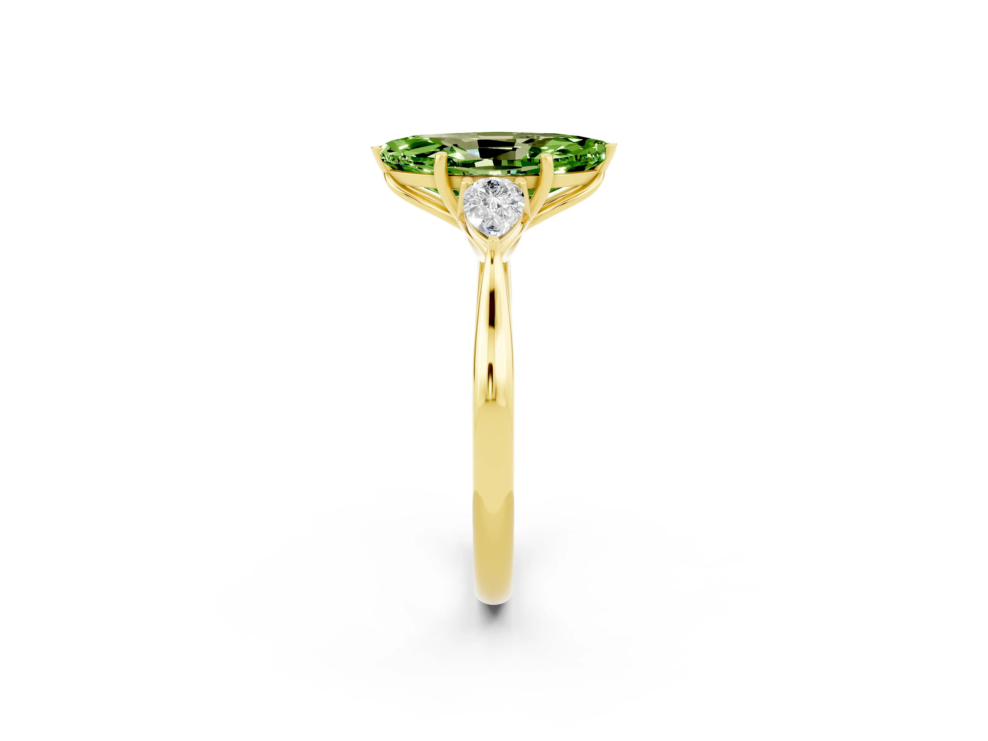 Yellow gold Marquise Cut Peridot Three-Stone Ring with Pear Side Stones and Four-Prong Setting_14