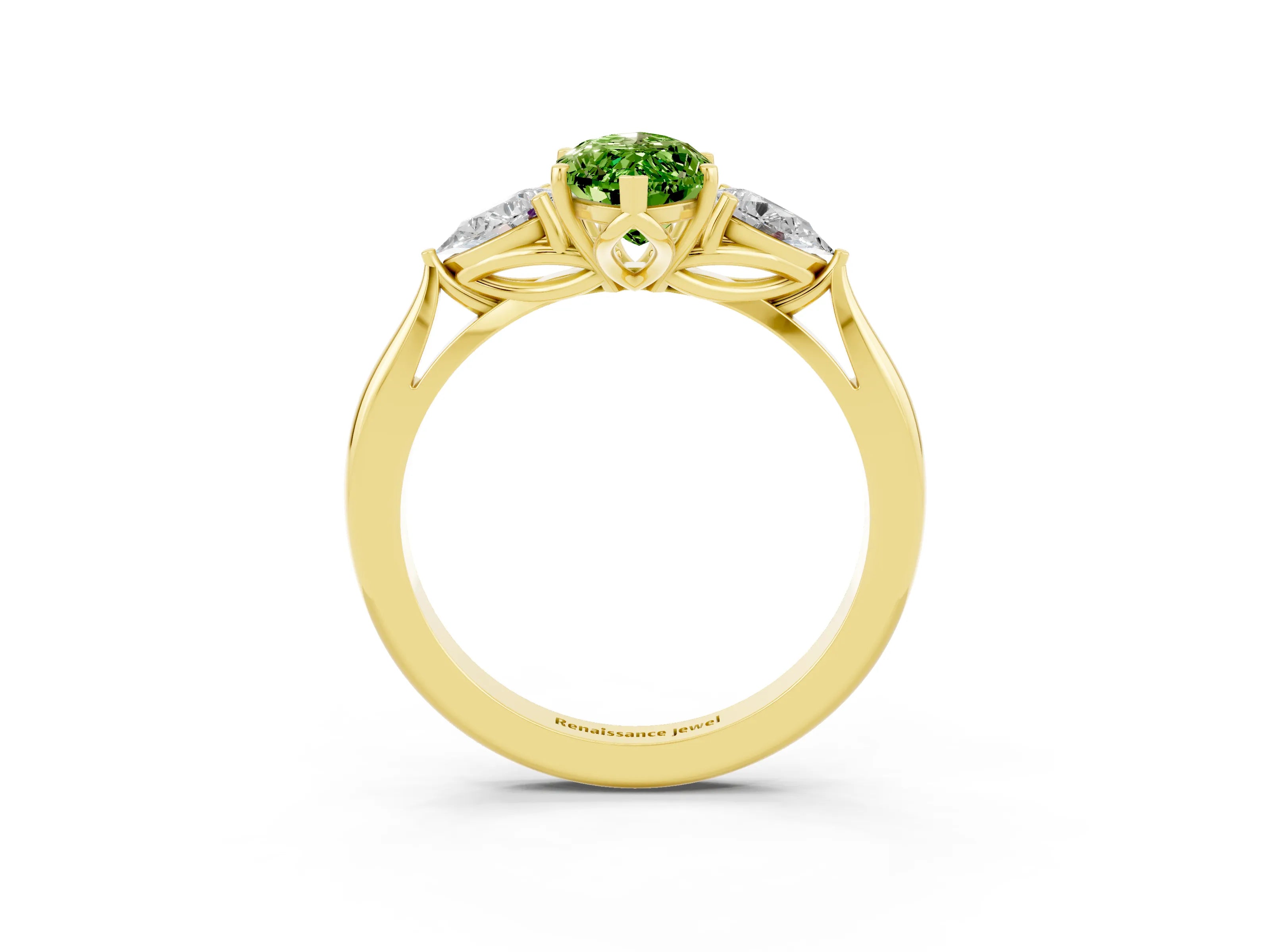 Yellow gold Marquise Cut Peridot Three-Stone Ring with Pear Side Stones and Four-Prong Setting_15