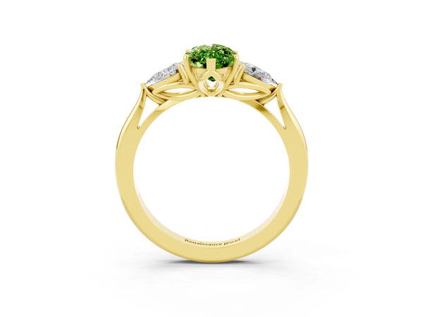 Yellow gold Marquise Cut Peridot Three-Stone Ring with Pear  Side Stones and Prong Setting