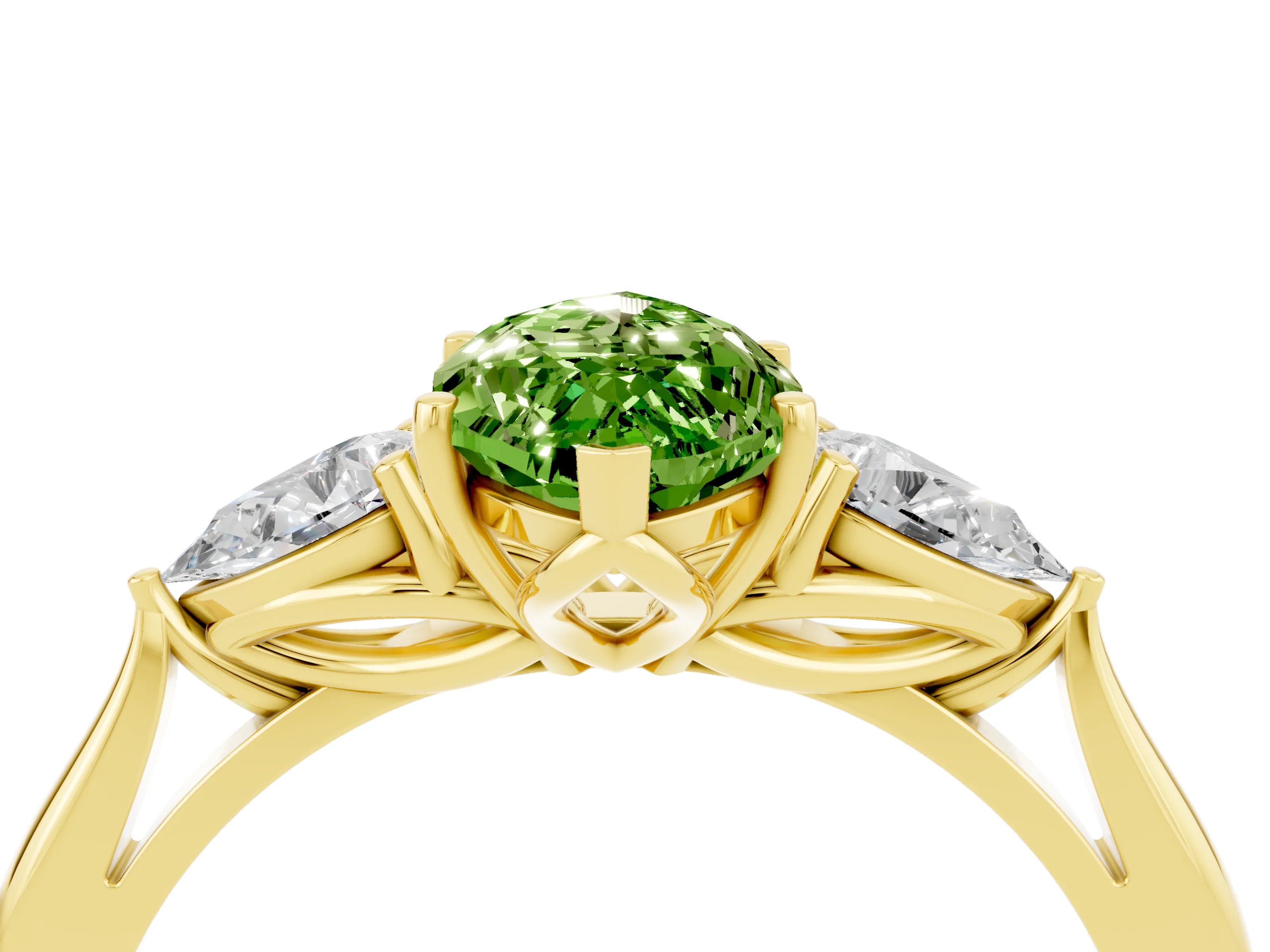 Yellow gold Marquise Cut Peridot Three-Stone Ring with Pear Side Stones and Four-Prong Setting_16