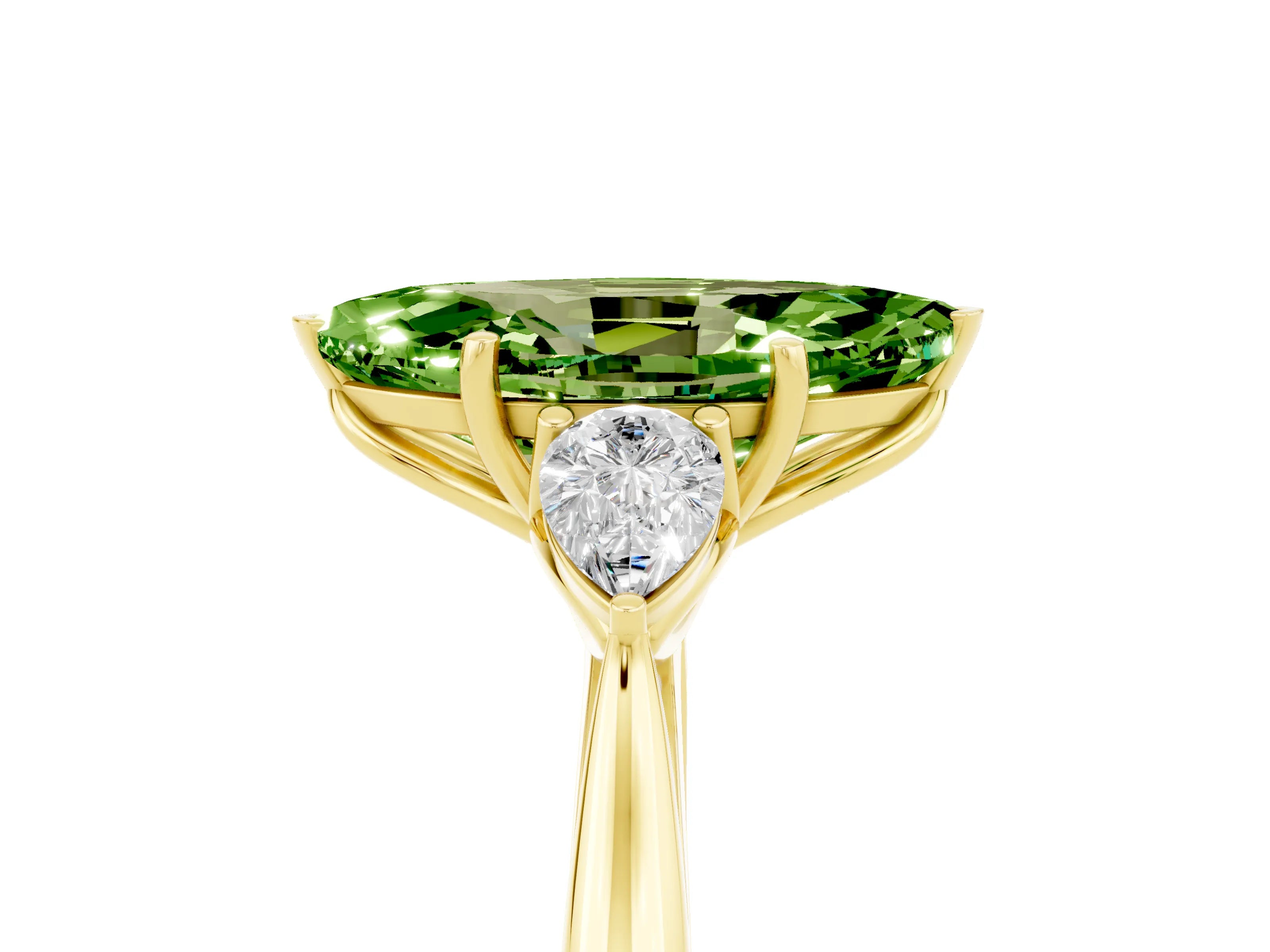 Yellow gold Marquise Cut Peridot Three-Stone Ring with Pear Side Stones and Four-Prong Setting_17
