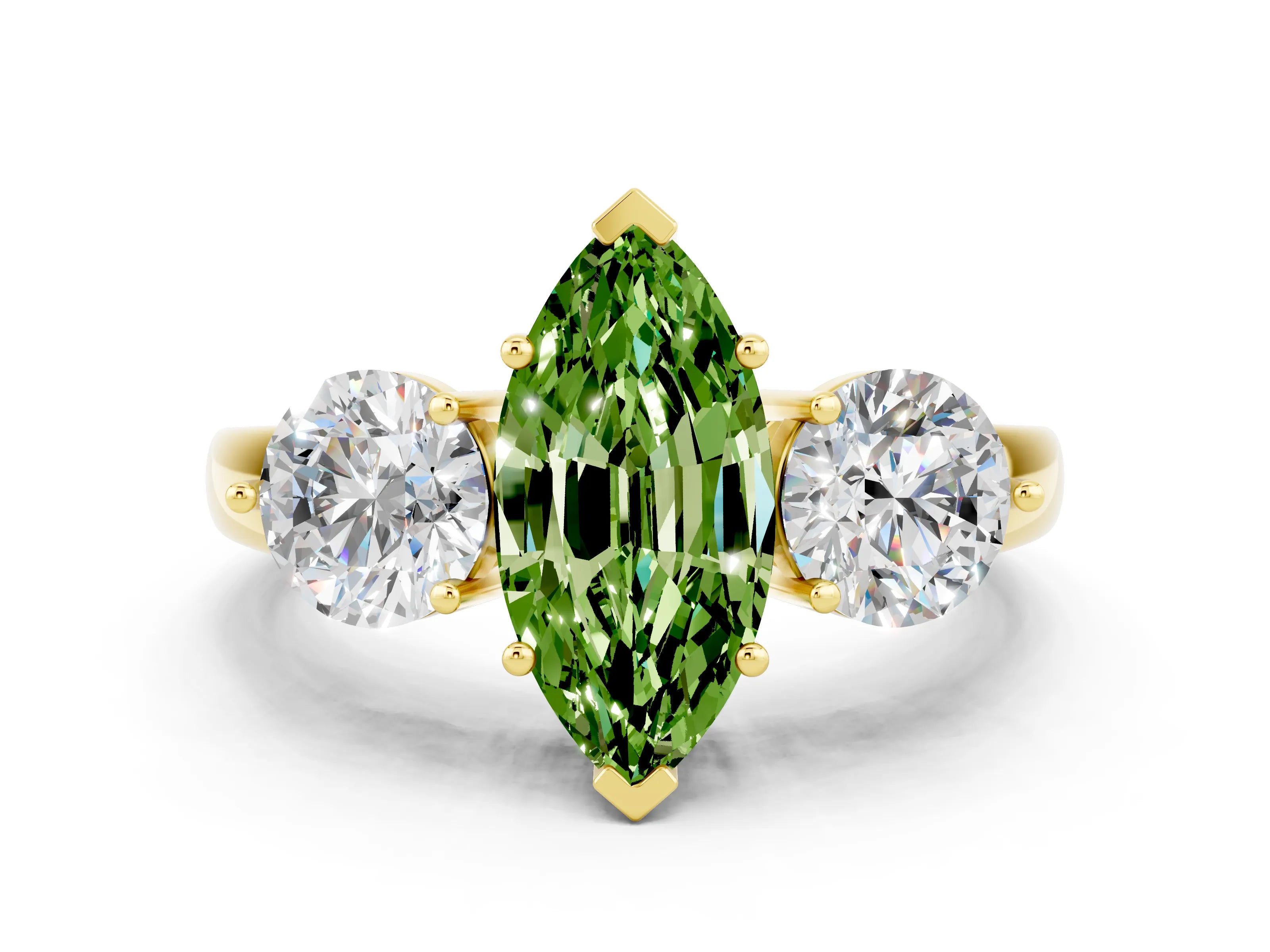 Yellow gold Marquise Cut Peridot Three-Stone Ring with Prong Setting and Classic Band