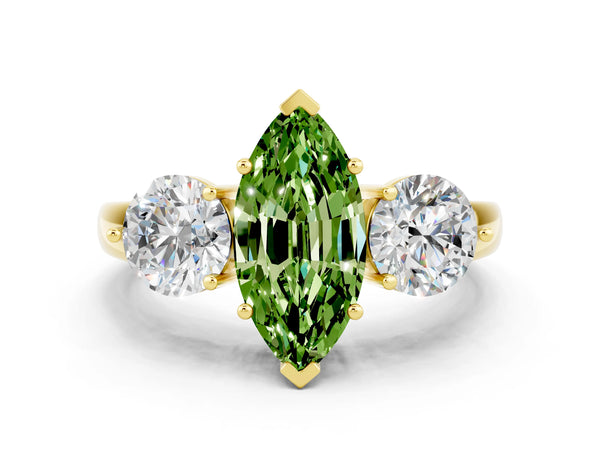 Yellow gold Marquise Cut Peridot Three-Stone Ring with Prong Setting and Classic Band