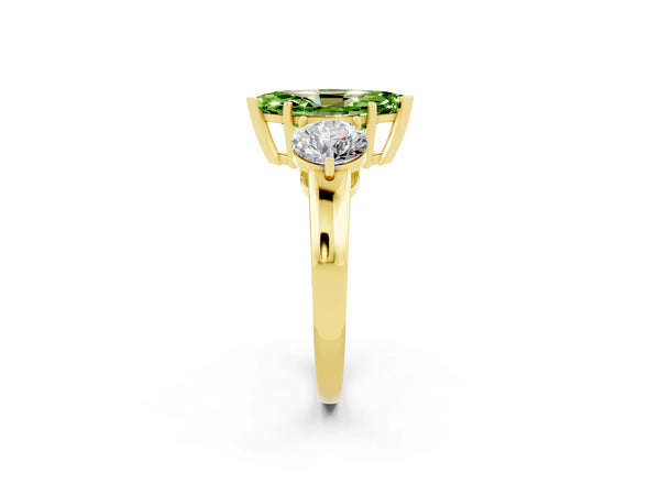 Yellow gold Marquise Cut Peridot Three-Stone Ring with Prong Setting and Classic Band