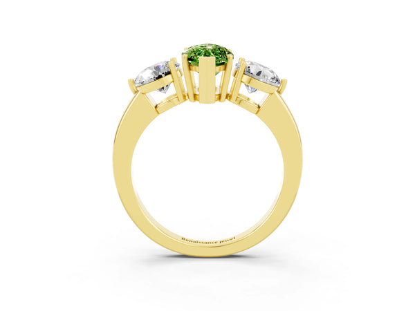 Yellow gold Marquise Cut Peridot Three-Stone Ring with Prong Setting and Classic Band