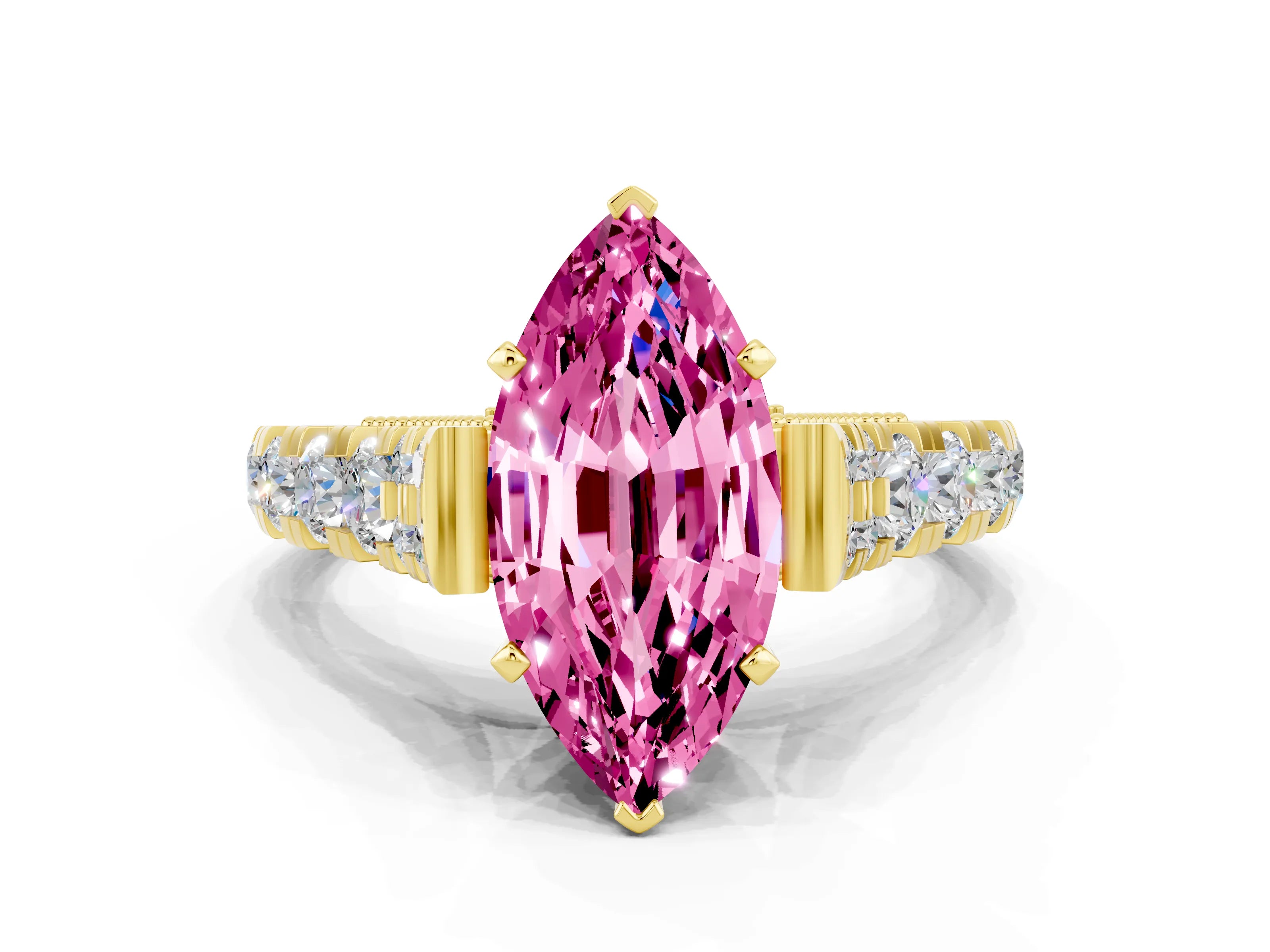 Yellow gold Marquise Cut Pink Sapphire Classic Solitaire Ring with Pavé Band and Four-Prong Setting_12