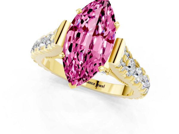 Yellow gold Marquise Cut Pink Sapphire Classic Solitaire Ring with Pavé Band and Four-Prong Setting