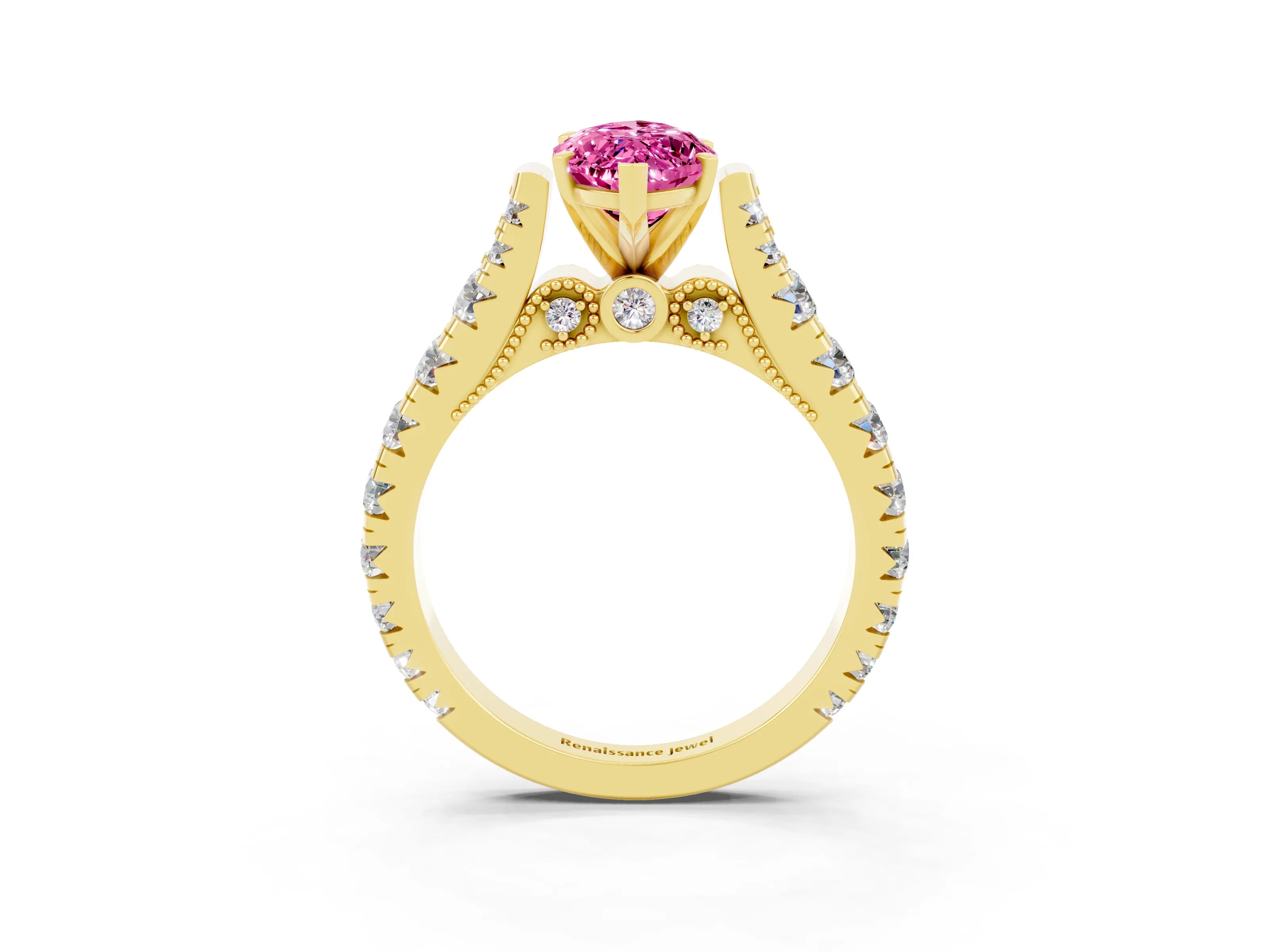 Yellow gold Marquise Cut Pink Sapphire Classic Solitaire Ring with Pavé Band and Four-Prong Setting_15
