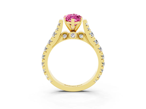 Yellow gold Marquise Cut Pink Sapphire Classic Solitaire Ring with Pavé Band and Four-Prong Setting