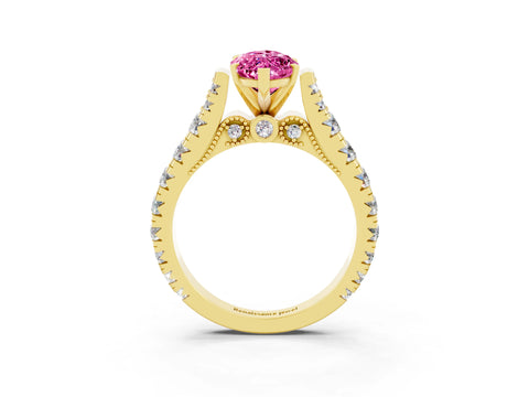 Yellow gold Marquise Cut Pink Sapphire Classic Solitaire Ring with Pavé Band and Four-Prong Setting_15