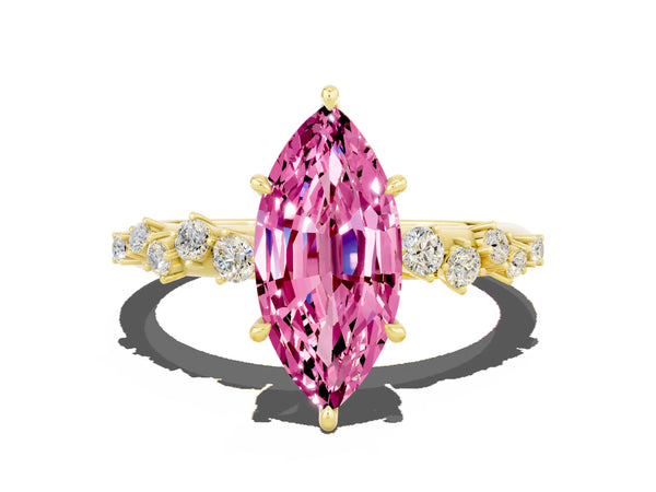 Yellow gold Marquise Cut Pink Sapphire Cluster Side Stone Solitaire Ring with Prong Setting