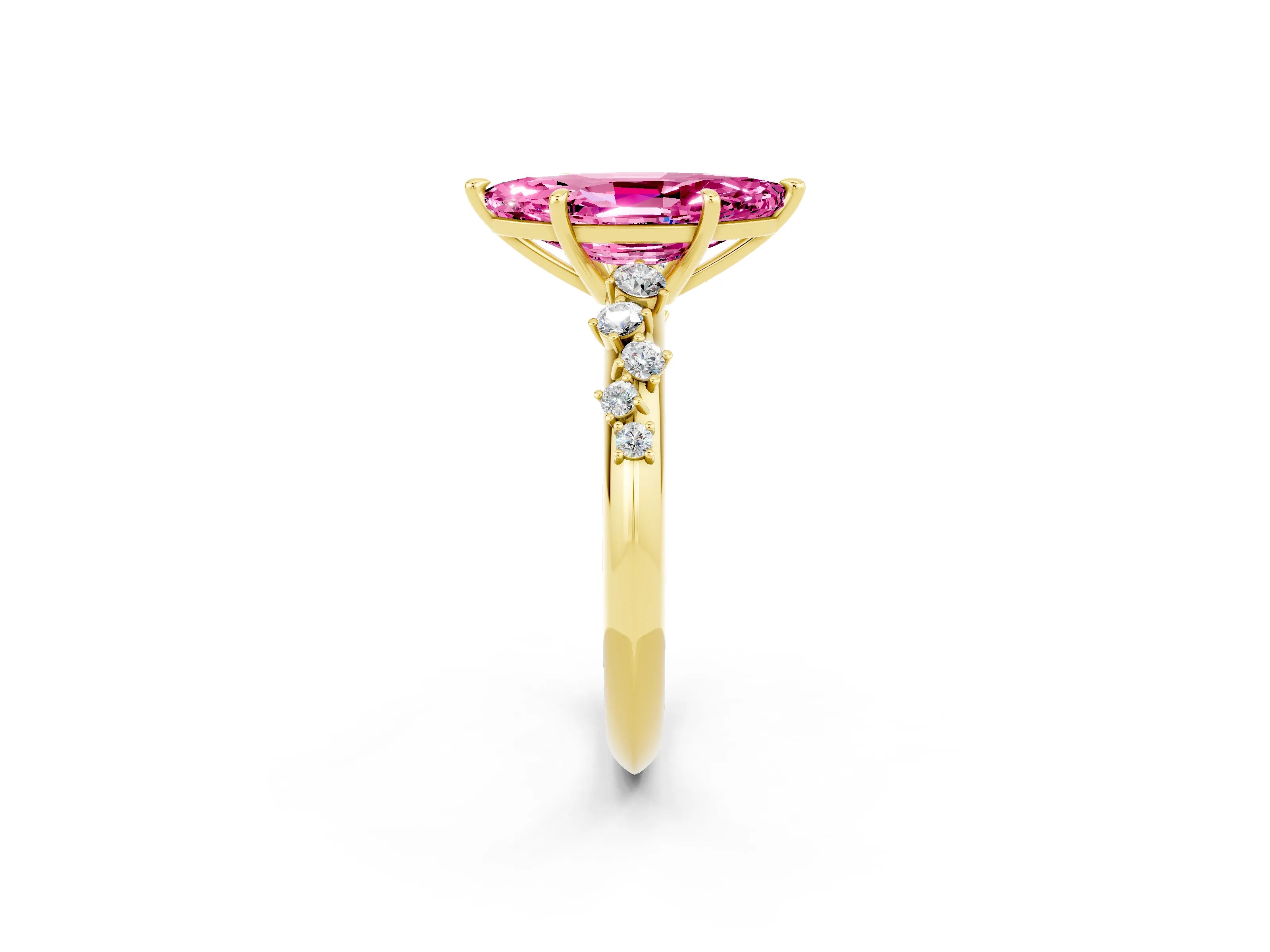 Yellow gold Marquise Cut Pink Sapphire Cluster Side Stone Solitaire Ring with Prong Setting_50