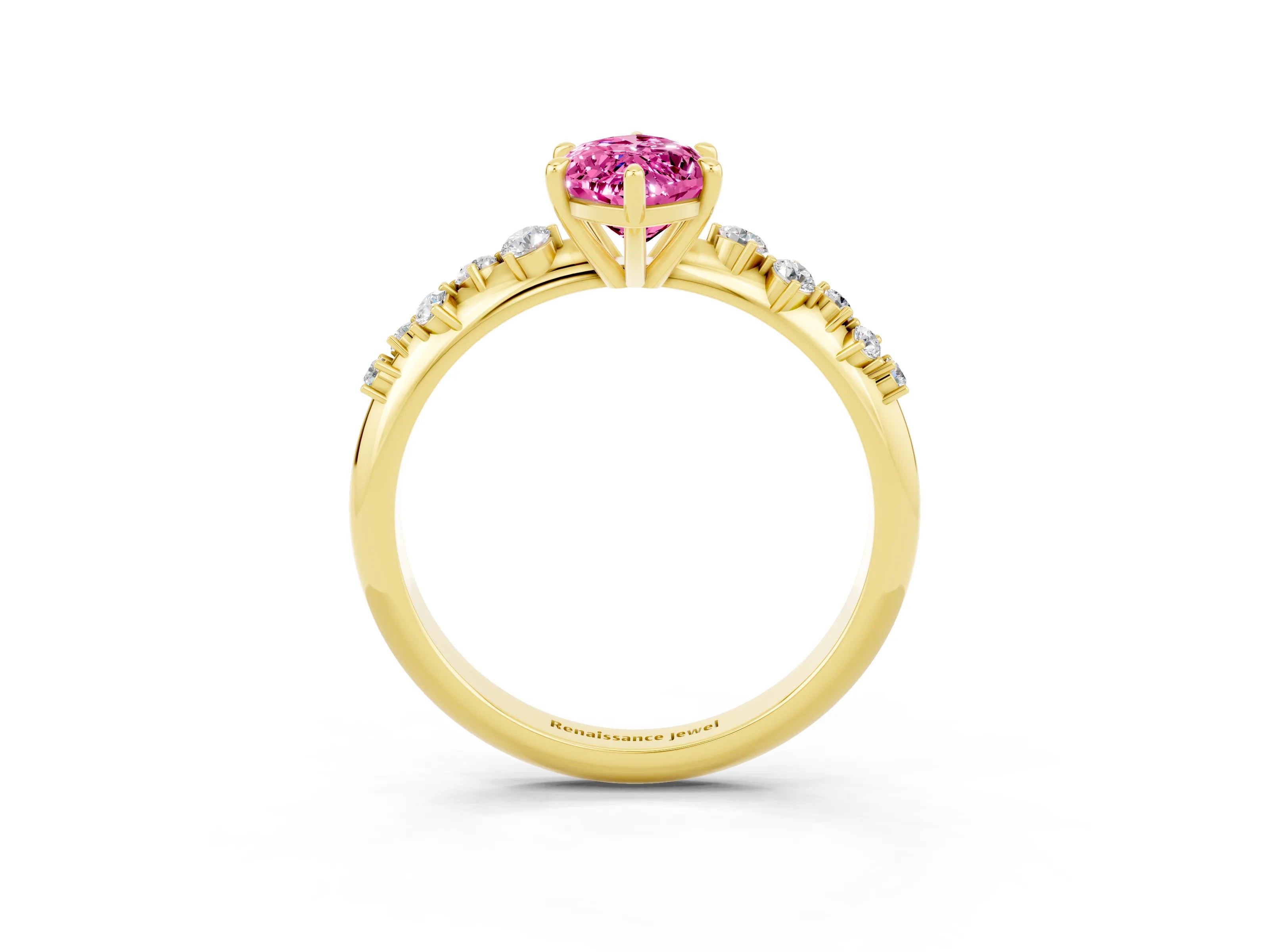 Yellow gold Marquise Cut Pink Sapphire Cluster Side Stone Solitaire Ring with Prong Setting_51