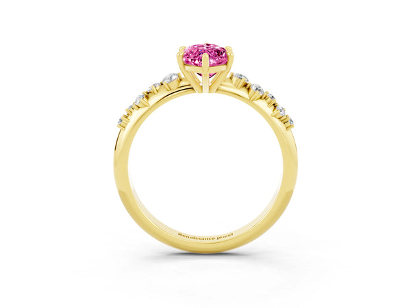 Yellow gold Marquise Cut Pink Sapphire Cluster Side Stone Solitaire Ring with Prong Setting