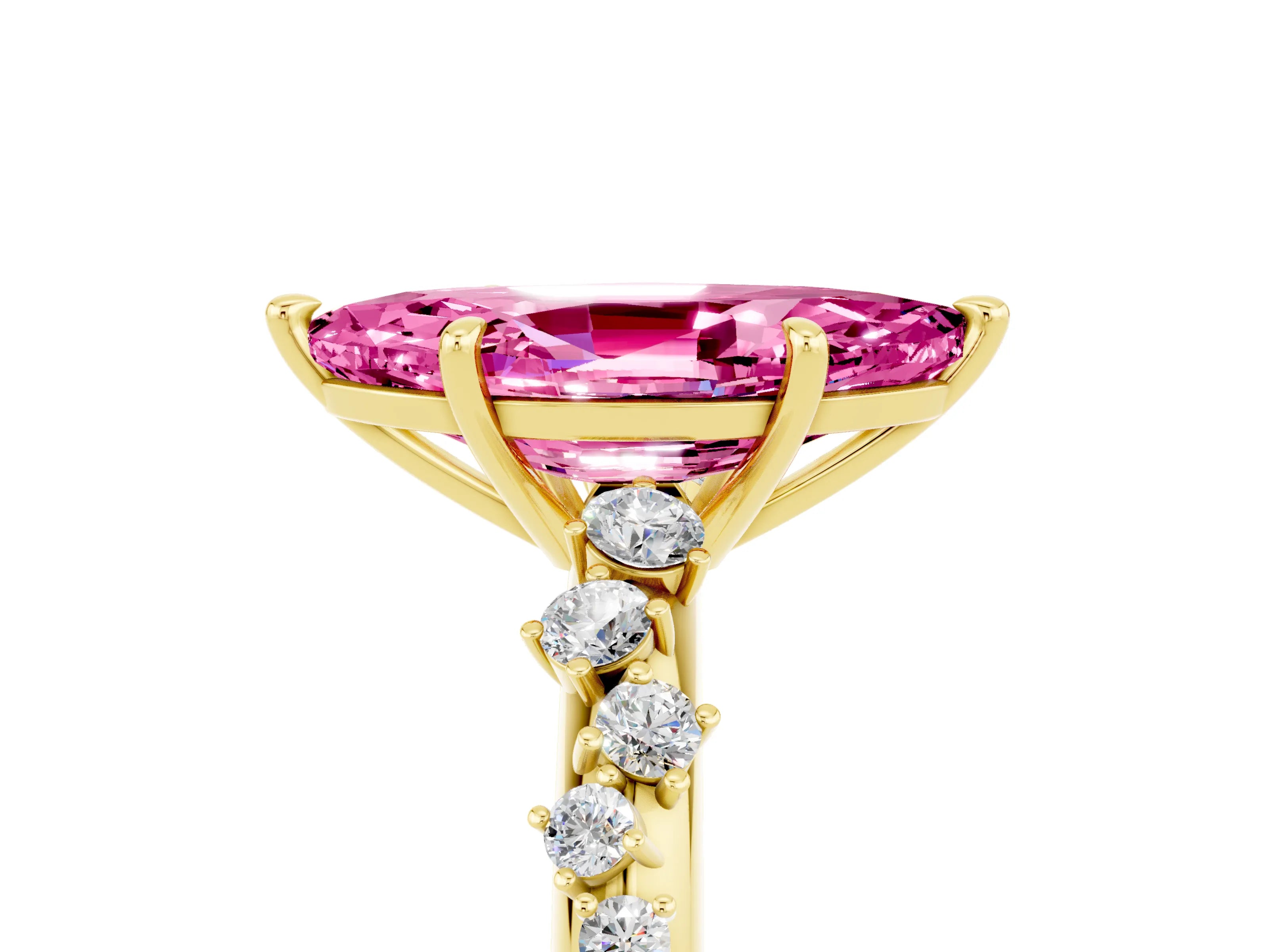 Yellow gold Marquise Cut Pink Sapphire Cluster Side Stone Solitaire Ring with Prong Setting_53