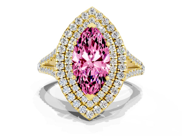 Yellow gold Marquise Cut Pink Sapphire Double Halo Ring with Pavé Band and Prong Setting