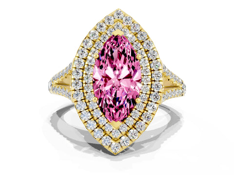 Yellow gold Marquise Cut Pink Sapphire Double Halo Ring with Pavé Band and Prong Setting_12