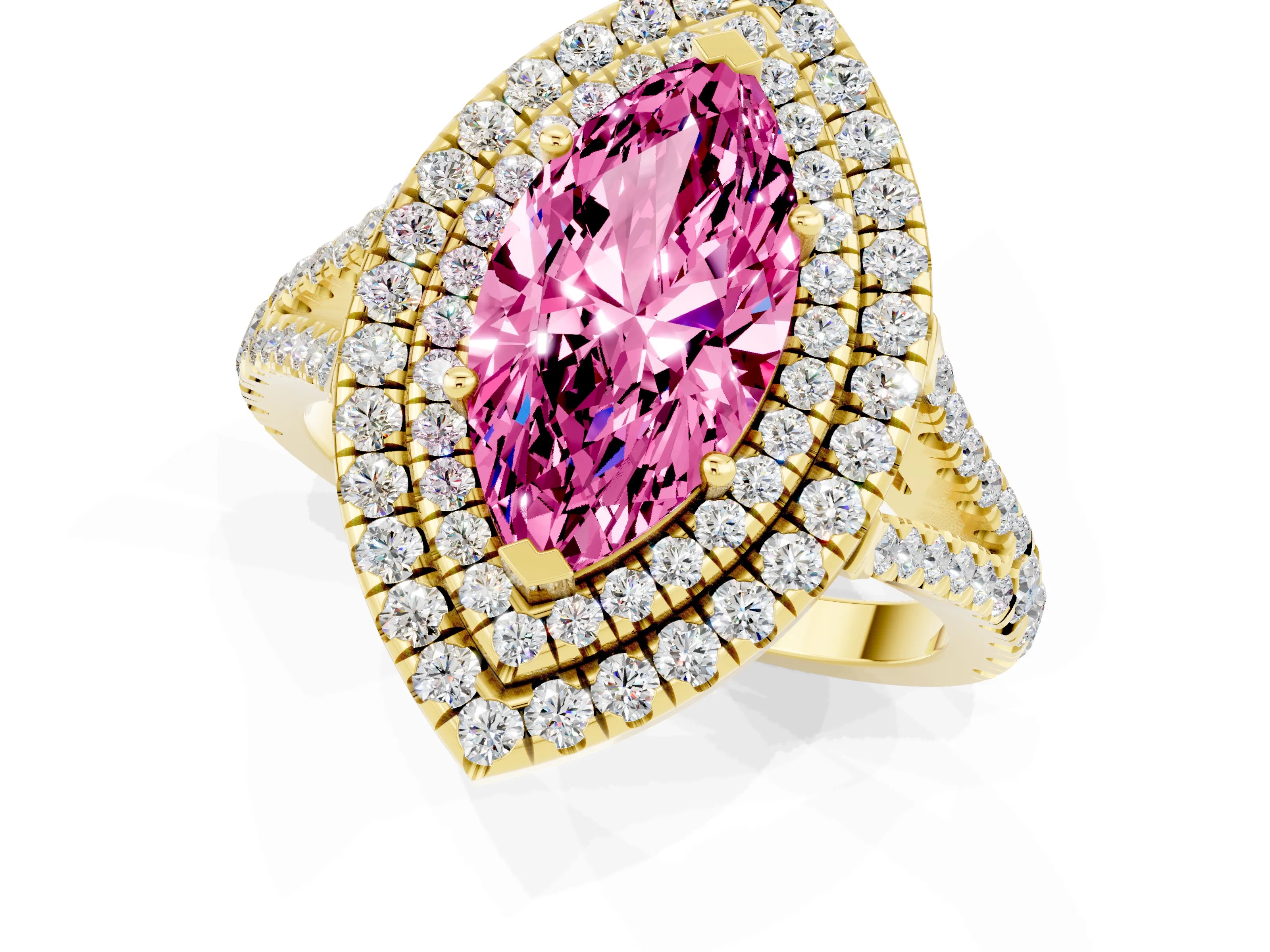 Yellow gold Marquise Cut Pink Sapphire Double Halo Ring with Pavé Band and Prong Setting_13