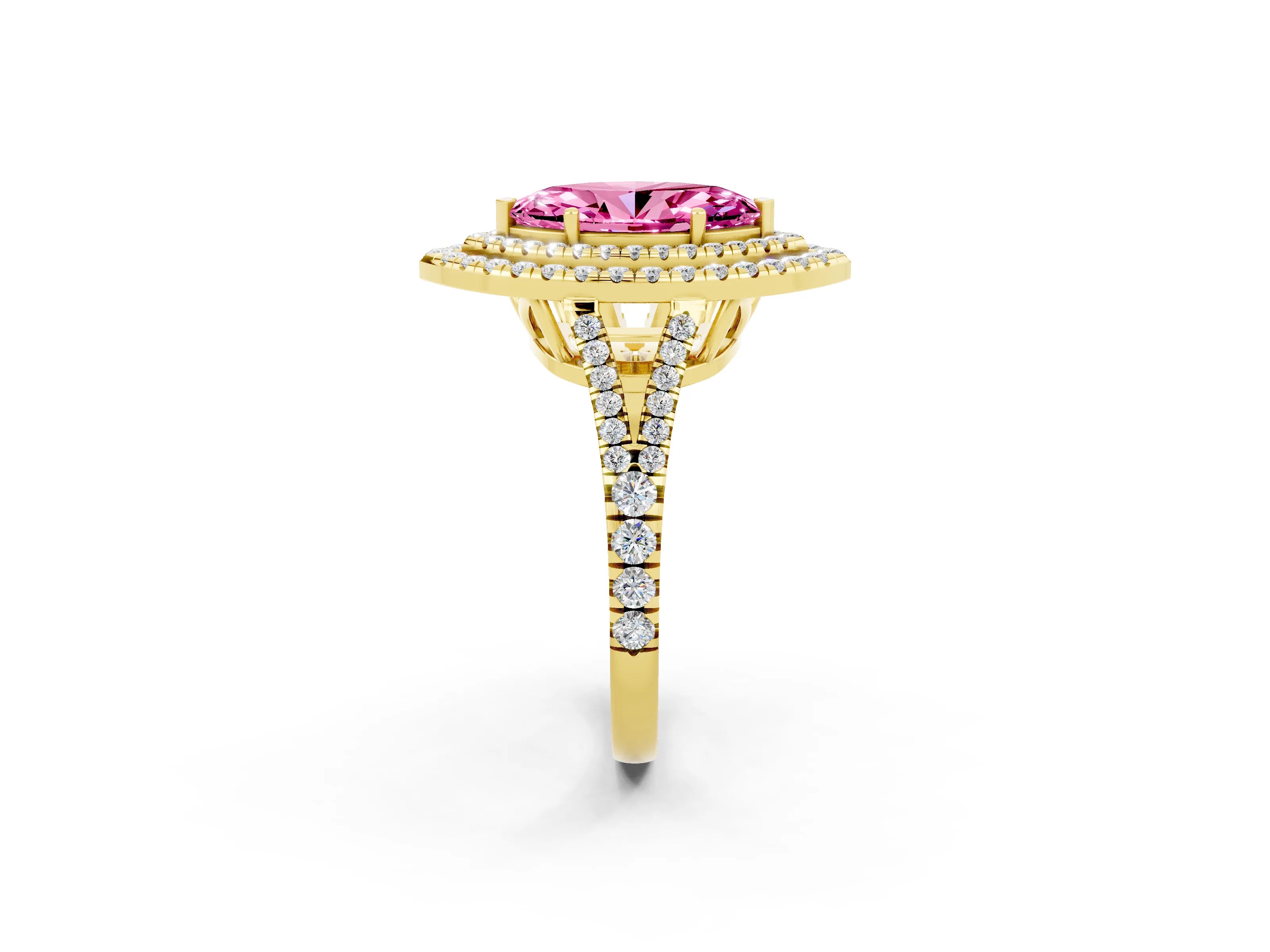 Yellow gold Marquise Cut Pink Sapphire Double Halo Ring with Pavé Band and Prong Setting_14