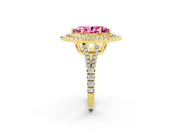 Yellow gold Marquise Cut Pink Sapphire Double Halo Ring with Pavé Band and Prong Setting