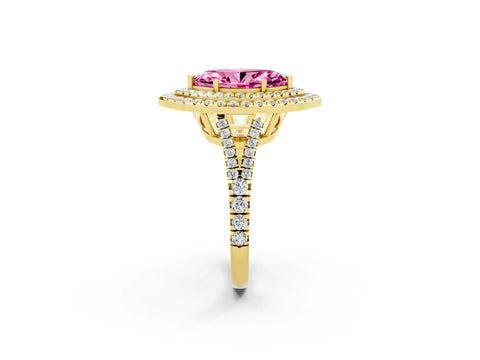 Yellow gold Marquise Cut Pink Sapphire Double Halo Ring with Pavé Band and Prong Setting_14