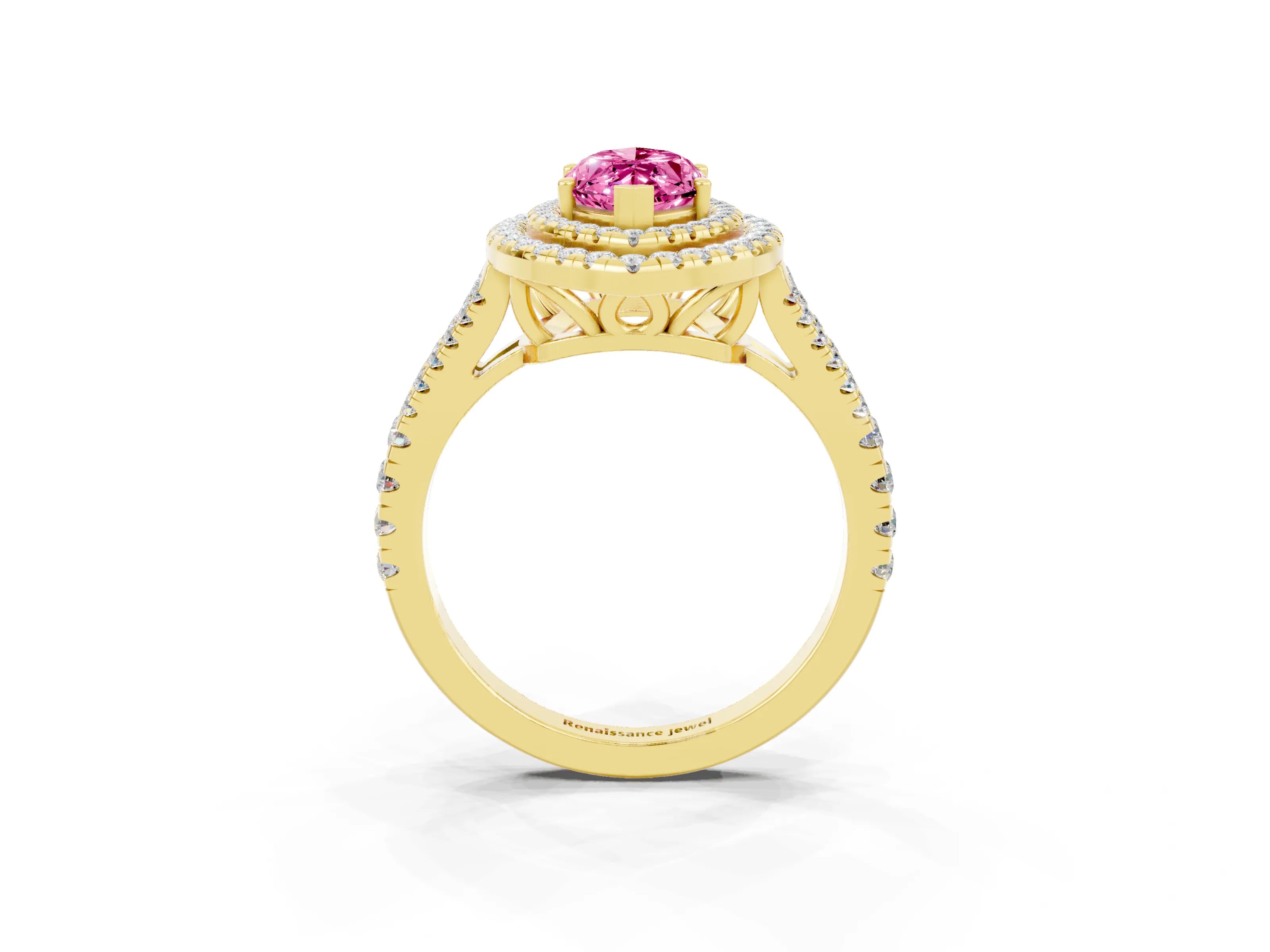 Yellow gold Marquise Cut Pink Sapphire Double Halo Ring with Pavé Band and Prong Setting_15