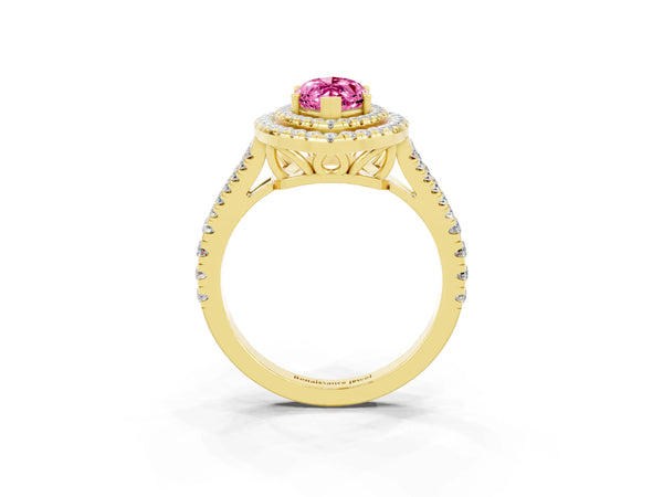 Yellow gold Marquise Cut Pink Sapphire Double Halo Ring with Pavé Band and Prong Setting