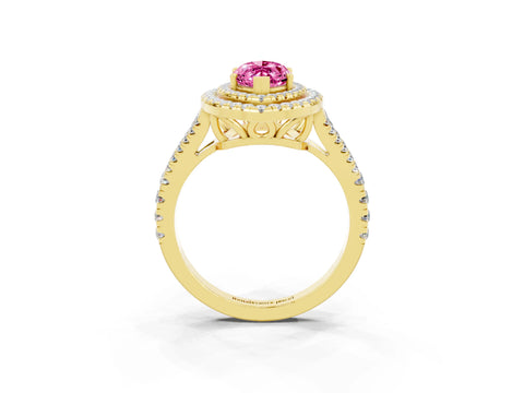 Yellow gold Marquise Cut Pink Sapphire Double Halo Ring with Pavé Band and Prong Setting_15
