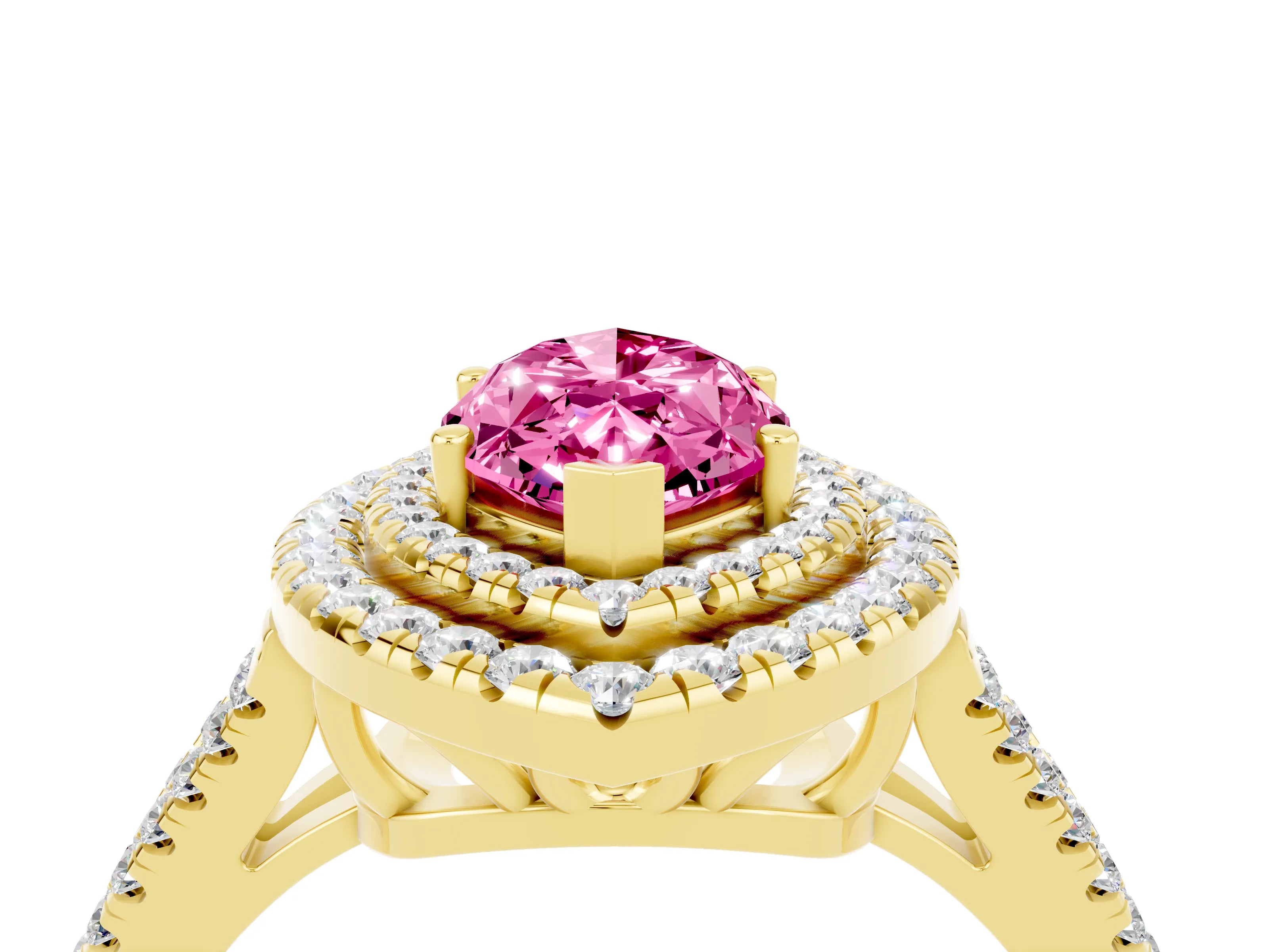 Yellow gold Marquise Cut Pink Sapphire Double Halo Ring with Pavé Band and Prong Setting_16