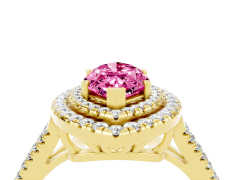 Yellow gold Marquise Cut Pink Sapphire Double Halo Ring with Pavé Band and Prong Setting_16