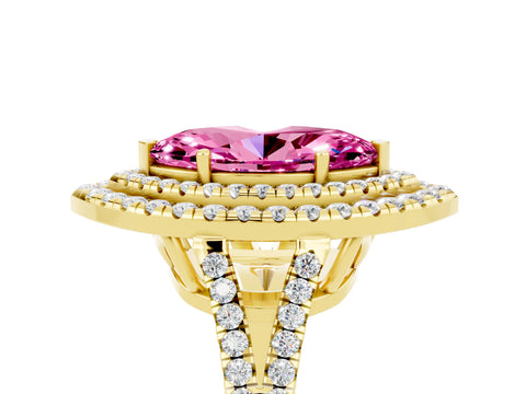 Yellow gold Marquise Cut Pink Sapphire Double Halo Ring with Pavé Band and Prong Setting_17